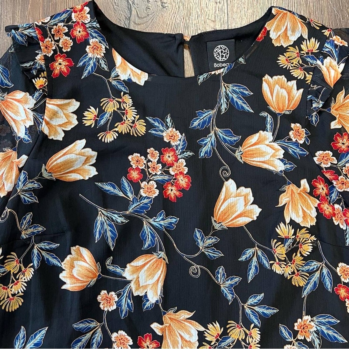 Bobeau Black floral shift dress with sheer sleeves SZ LG