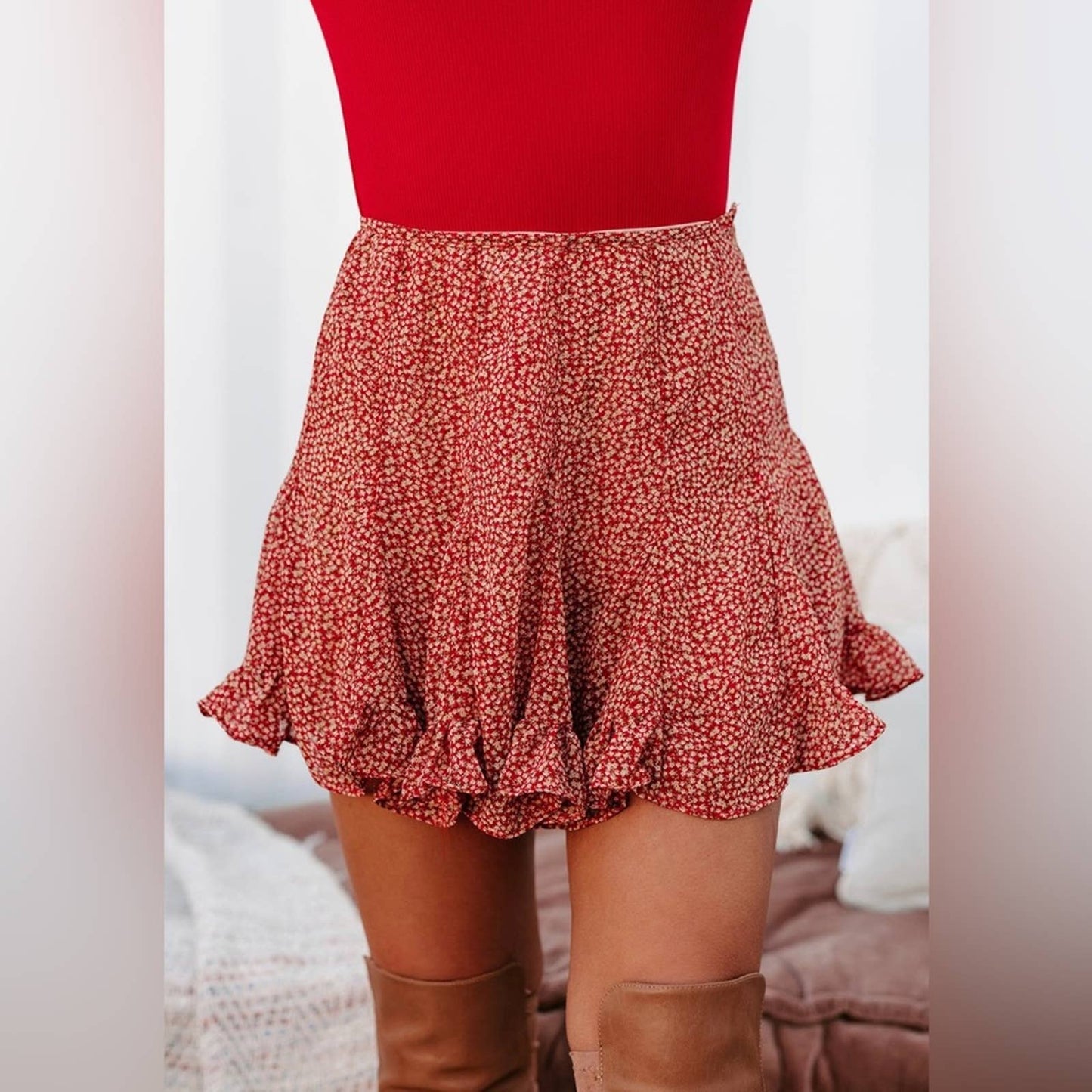 🆕 Dress forum red floral ruffled mini skort SZ MED