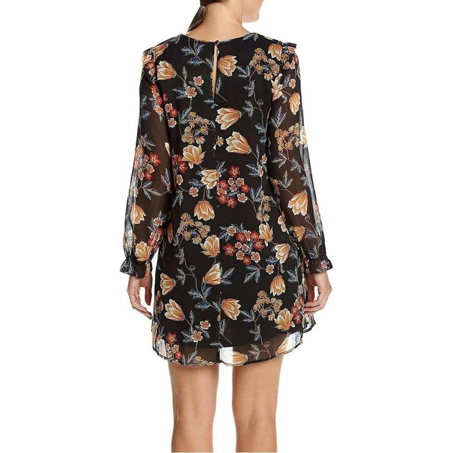 Bobeau Black floral shift dress with sheer sleeves SZ LG